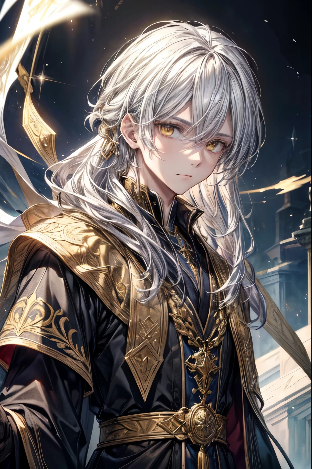 A beautifully detailed and photorealistic portrait of a young male sorcerer or wizard, with striking white hair, piercing yellow eyes, and an intricate, ornate white robe adorned with golden accents. The subject has a perfect, expressive face with masterfully rendered features and an aura of nobility and power. The scene is of the highest quality, with incredible attention to detail and a sense of magic and wonder.