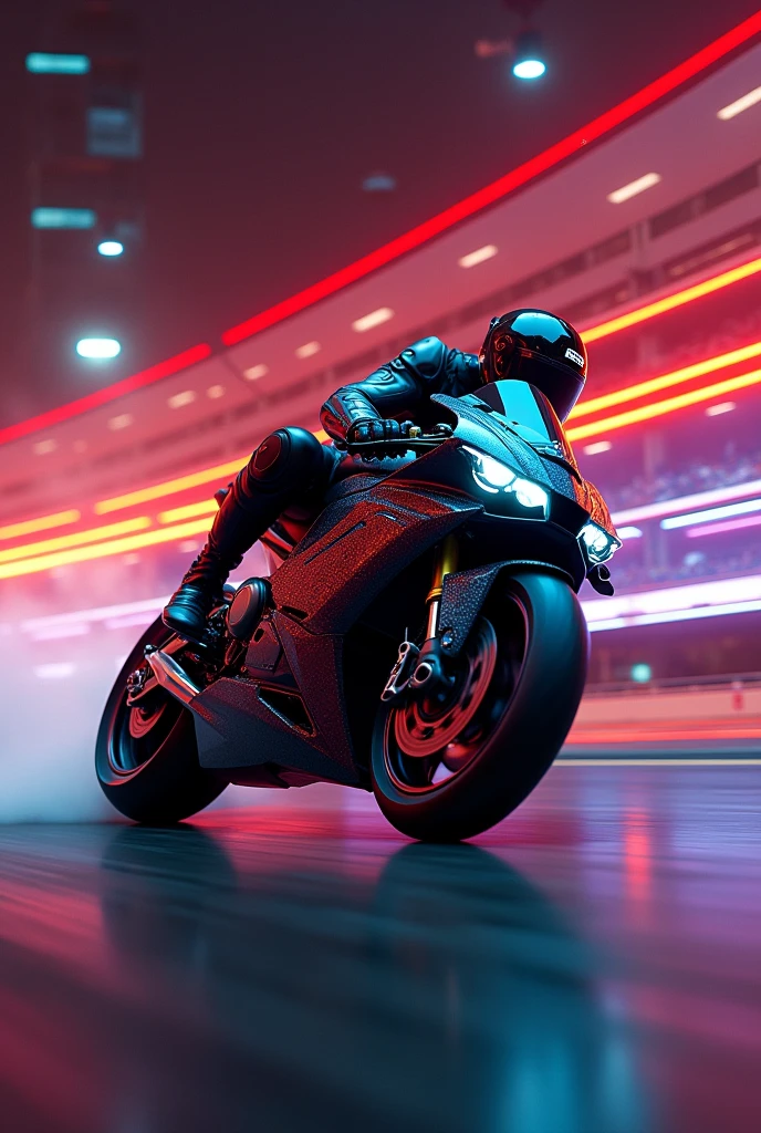high resolution、high quality、Real、Realistic、Realな質感、Realistic、motorcycle、Motorcycle、drift、Bend the handle、Going around a curve、During the race、Red and yellow and purple and black、Near future、Super detailed、High resolution、