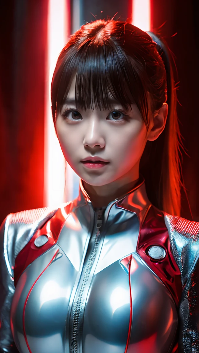 Ultraman、realistic、realistic、cinematic lighting, Girl in a shiny red and silver suit、、professional photos、Don&#39;Do not expose your skin, japanese model, japanese cgi、Ultraman Suit、, Power Rangers Suit、tight and thin cyber suit,Whole body rubbery、There&#39;s pink There、 delicate body, big breasts、small ass、thin thighs、thin arms、thin waist、camel toe、Both sides of the cyber suit stick to the skin、Big eyes、black short hair、facing the front、facing the front立っている、A glowing sphere is embedded in the chest.、Essay Examination、 blue sky background
