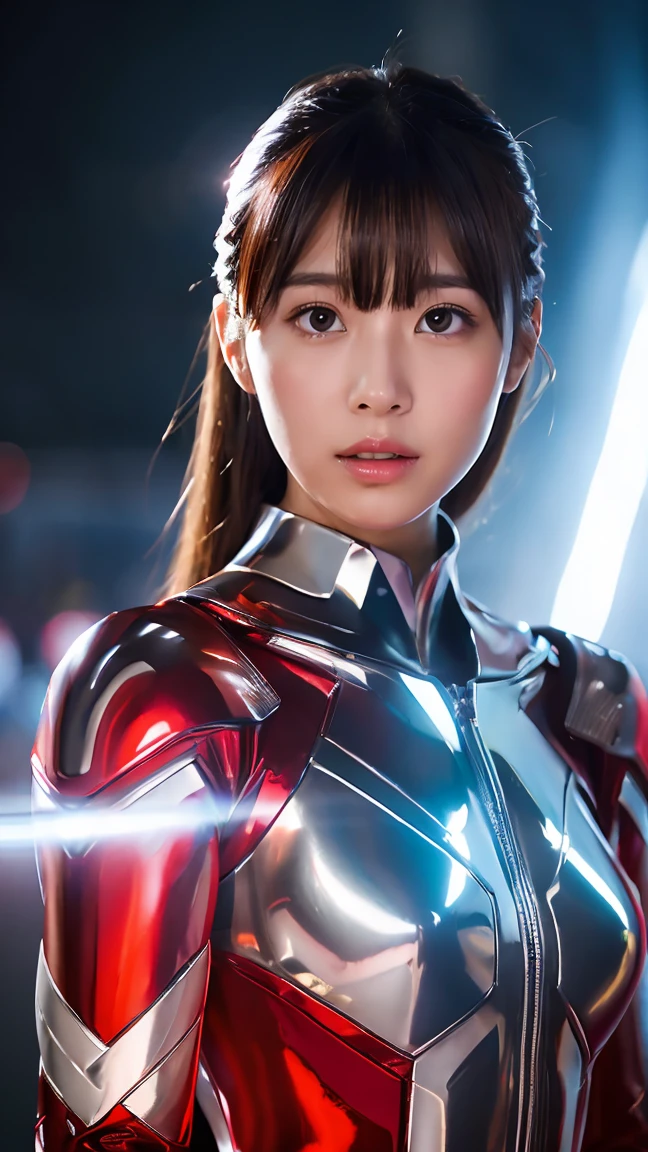 Ultraman、realistic、realistic、cinematic lighting, Girl in a shiny red and silver suit、、professional photos、Don&#39;Do not expose your skin, japanese model, japanese cgi、Ultraman Suit、, Power Rangers Suit、tight and thin cyber suit,Whole body rubbery、There&#39;s pink There、 delicate body, big breasts、small ass、thin thighs、thin arms、thin waist、camel toe、Both sides of the cyber suit stick to the skin、Big eyes、black short hair、facing the front、facing the front立っている、A glowing sphere is embedded in the chest.、Essay Examination、 blue sky background