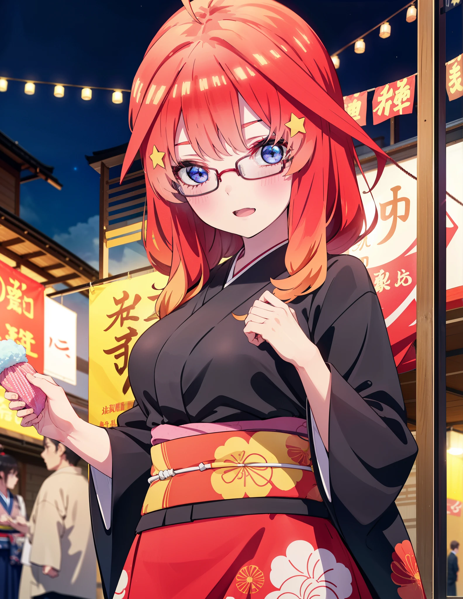 itsukinakano, Itsuki Nakano, bangs, blue eyes, Hair between the eyes, Ahoge, Redhead, star \(symbol\), hair ornaments, star hair ornaments,花のhair ornaments,Black-rimmed glasses,hair tied back,smile,blush,Open your mouth,Big Breasts,night,Red Kimono,Long skirt,He is holding cotton candy in his right hand and a clear bag full of cotton candy in his left hand.,Japanese Festivals,Summer festival food stalls,Red lantern,whole bodyがイラストに入るように,
break looking at viewer,whole body, (Cowboy Shot:1. 5),
break outdoors, Veranda,
break (masterpiece:1.2), Highest quality, High resolution, unity 8k wallpaper, (figure:0.8), (Beautiful attention to detail:1.6), Highly detailed face, Perfect lighting, Highly detailed CG, (Perfect hands, Perfect Anatomy),