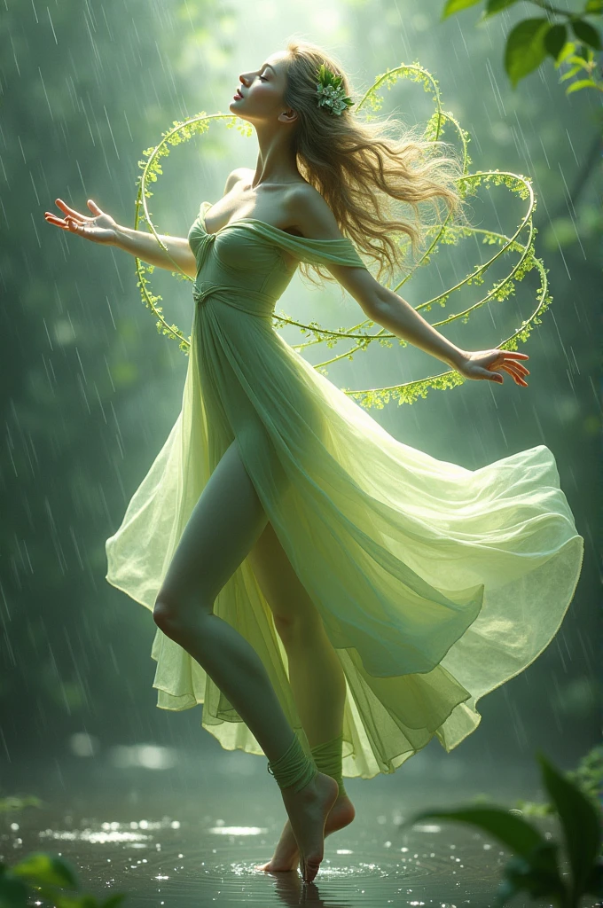 Delicate intericate leaf veins resumbling delicate brush strokes as tendrils swirl around the figure blurring the line between dancer and environment against a backdrop of gentle glistening raindrops