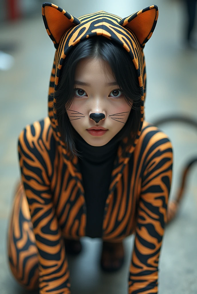 The beautiful Chinese asian adult girl with beautiful cheeks wears plains zebra print lycra turtleneck unitard catsuit covered with stripes and plains zebra print lycra elastane stretchy dancewear 100% stretchy hijab-like stretchy zentai hood.She is happy to crawl.She always put fake cat whsikers and nose that are made of black makeup marker pen.