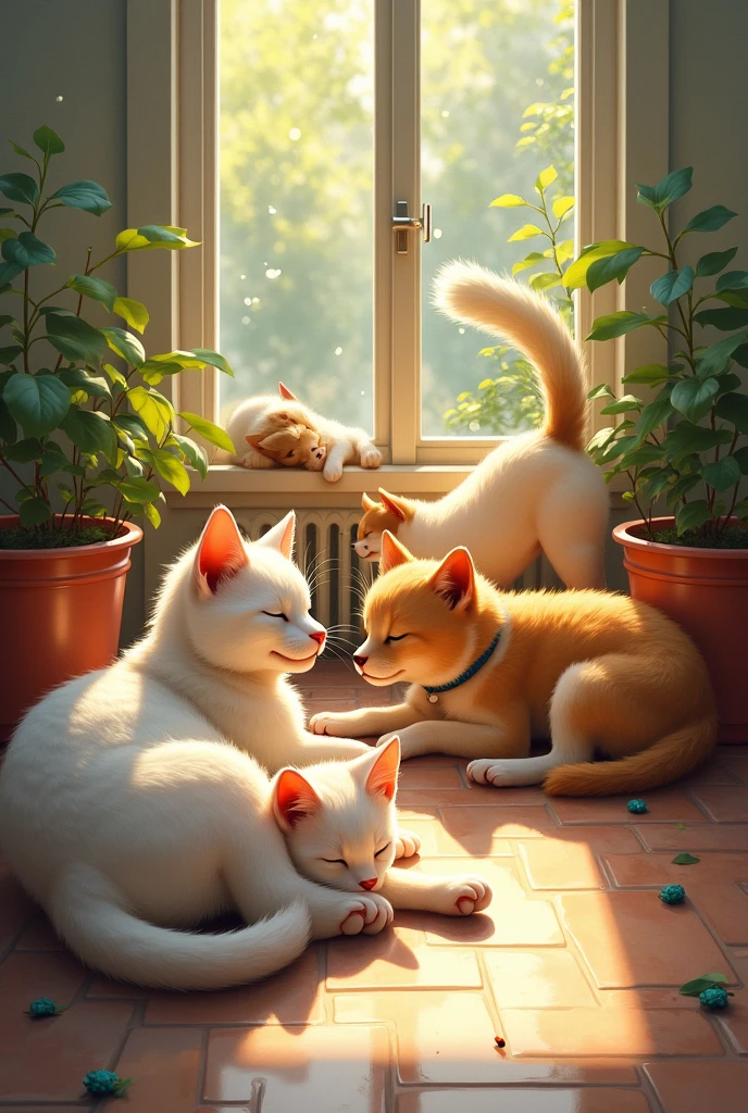 Cats nap in the sunny spots,  
While dogs chase balls and sniff the pots.  
Together they make a perfect pair,  
With them, there’s love everywhere.  
