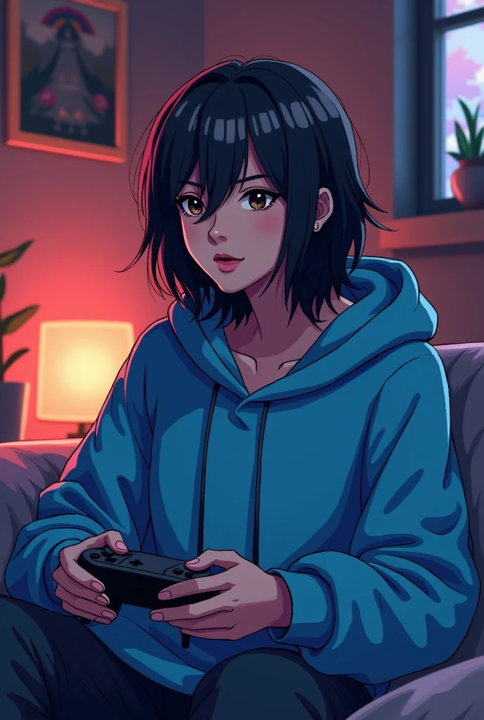 make Youtuber wear Blue hoodie,Growing Hair,And he is playing console games,And make this image pixel themed
