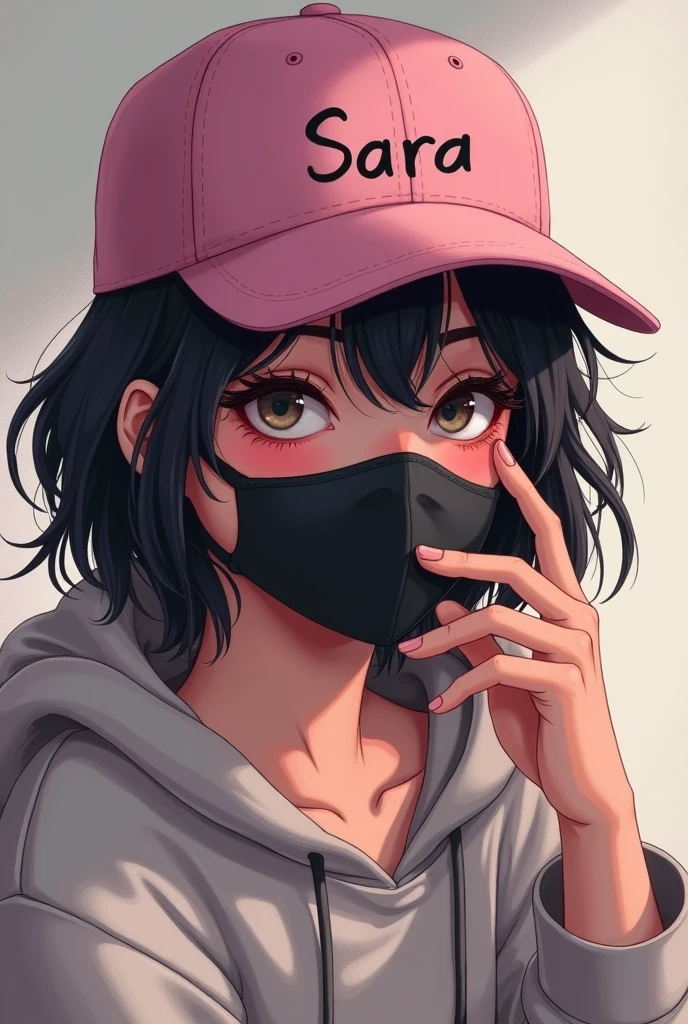 A digital illustration of a you WOMEN wearing a pink cap with the text SARA on it. They have tousled dark hair partially covering their forhead  and are wearing a black face mask. The individual is touching the mask is with their hand,looking slightly downcast. They are dressed in a light-colored hoddie,and the background features soft,bluerd colorred,suggesting a casual setting