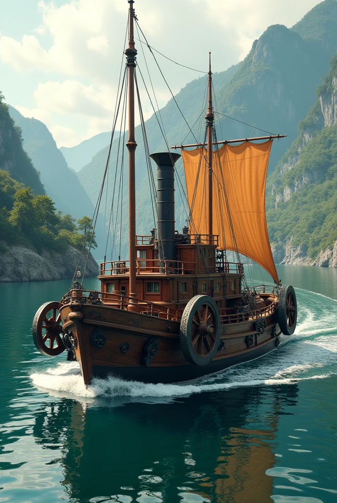 Steamboat with wheels on the sides and sails, and bedrooms for 5 people