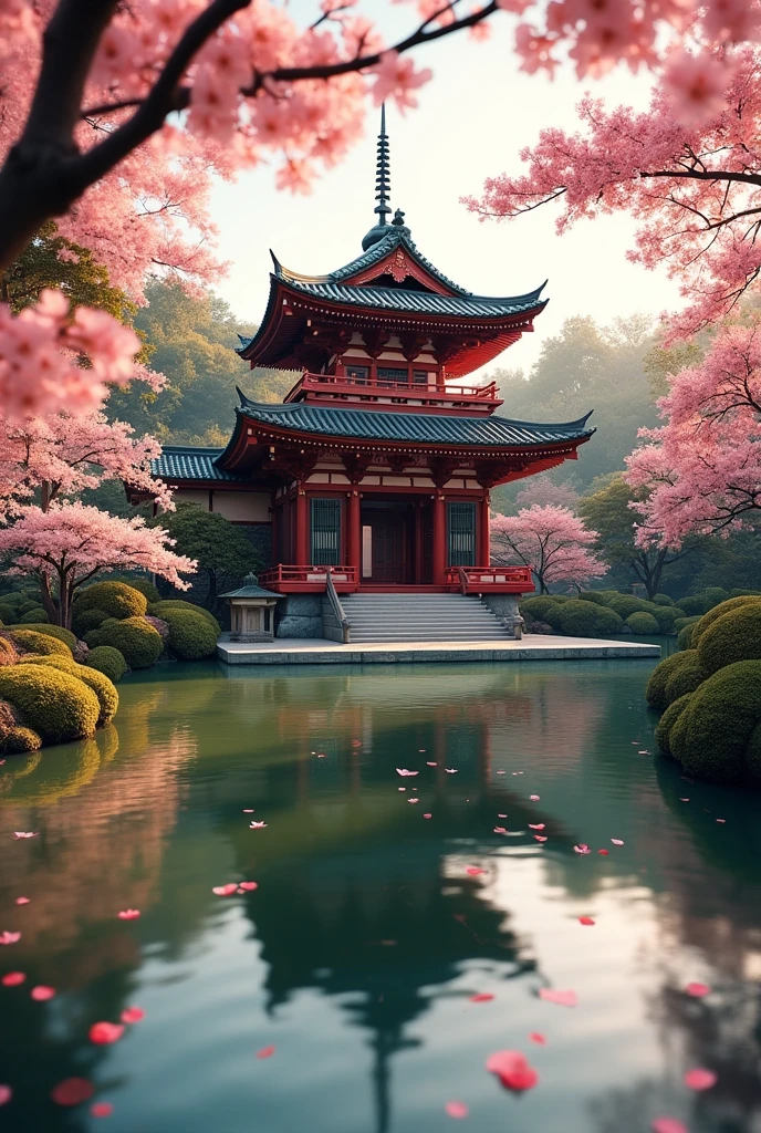 Absurd, High resolution, Super detailed, beautiful, masterpiece, Highest quality,Edo period Japanese temple, Lush garden, Bright colors, Quiet Pond, Traditional architecture, cherry blossoms、水面に光がreflectionしている、gate、Petals are dancing、reflection、Realな質感、Realistic、Real、Realistic、Blur、Close-up、
