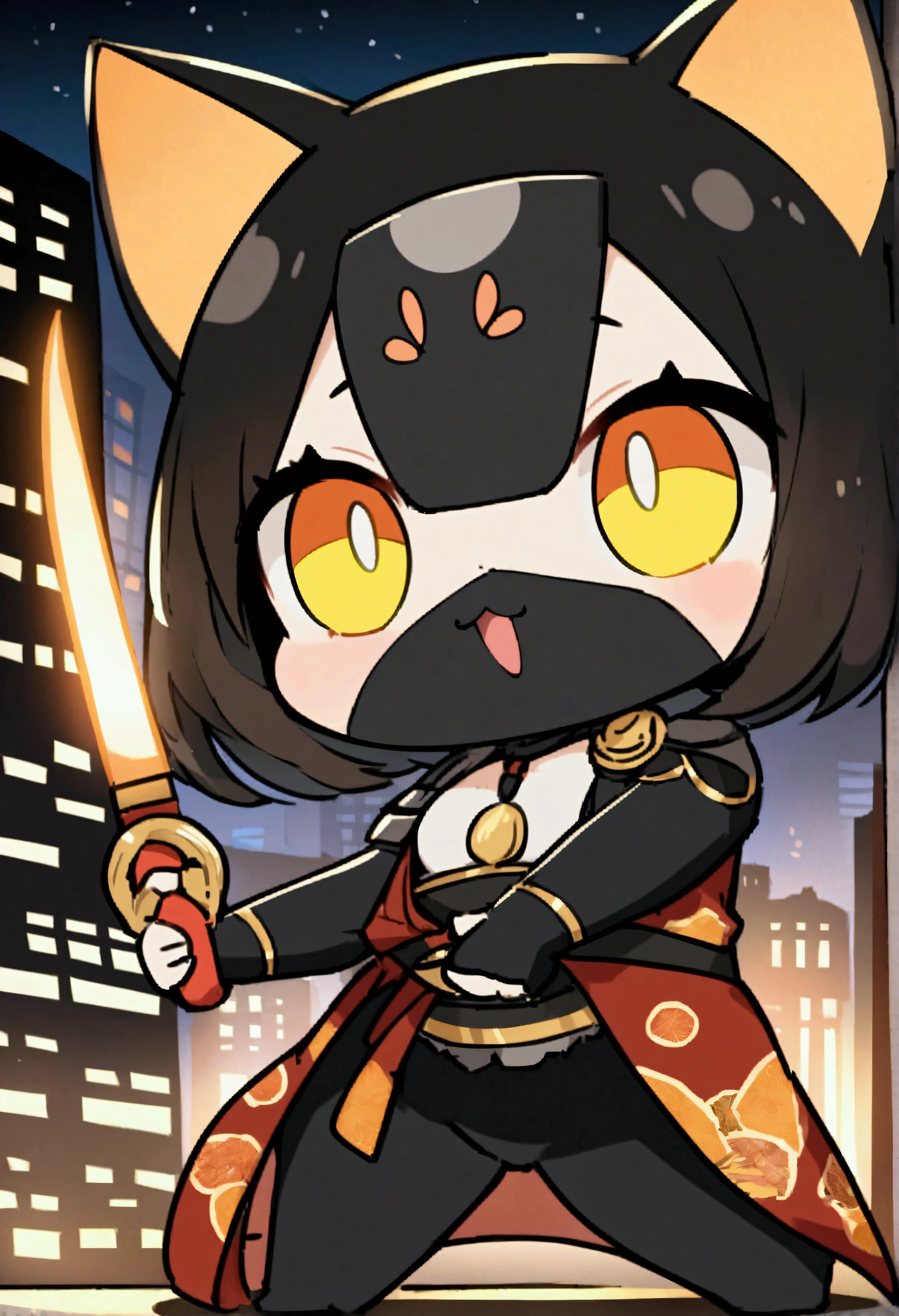 A ninja cat wearing a black mask and small nunchucks、Sneak through the modern cityscape at night、Acro+Demonstrating batik techniques。creative、(masterpiece)、unique、Chibi Animals、Detail Maximizer