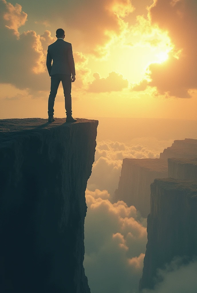 A scene showing a person standing at the edge of a cliff, confidently looking ahead, with fierce winds blowing. The cliff overlooks a vast, glowing landscape of opportunities. The person’s posture is bold, ready to leap into action and seize the moment, embodying the message of creating your own ‘right moment.’
