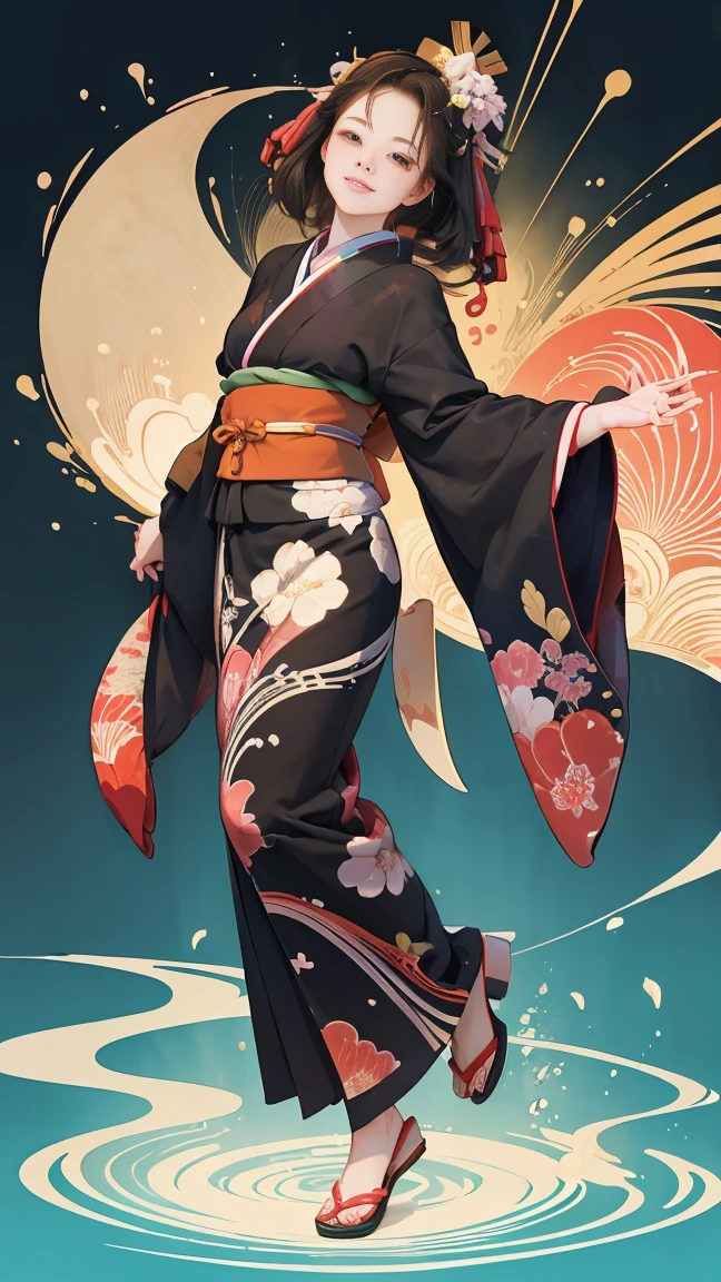 A beautiful woman smiles and shows her upper white teeth、Vividly colored Japanese Ukiyo-e style illustrations、(SeaArt creates stunning illustrations of beautiful women in kimono)、Brown-black long hair、Beautiful full body style、Let's dance a little Tokyo Ondo Yoiyoi、Beautiful new digital paintings,、Bright vibrant digital anime art、 Detailed digital anime art、 Beautiful anime portraits、background、Torii gate of a shrine in Kyoto, Japan、Detailed CG、