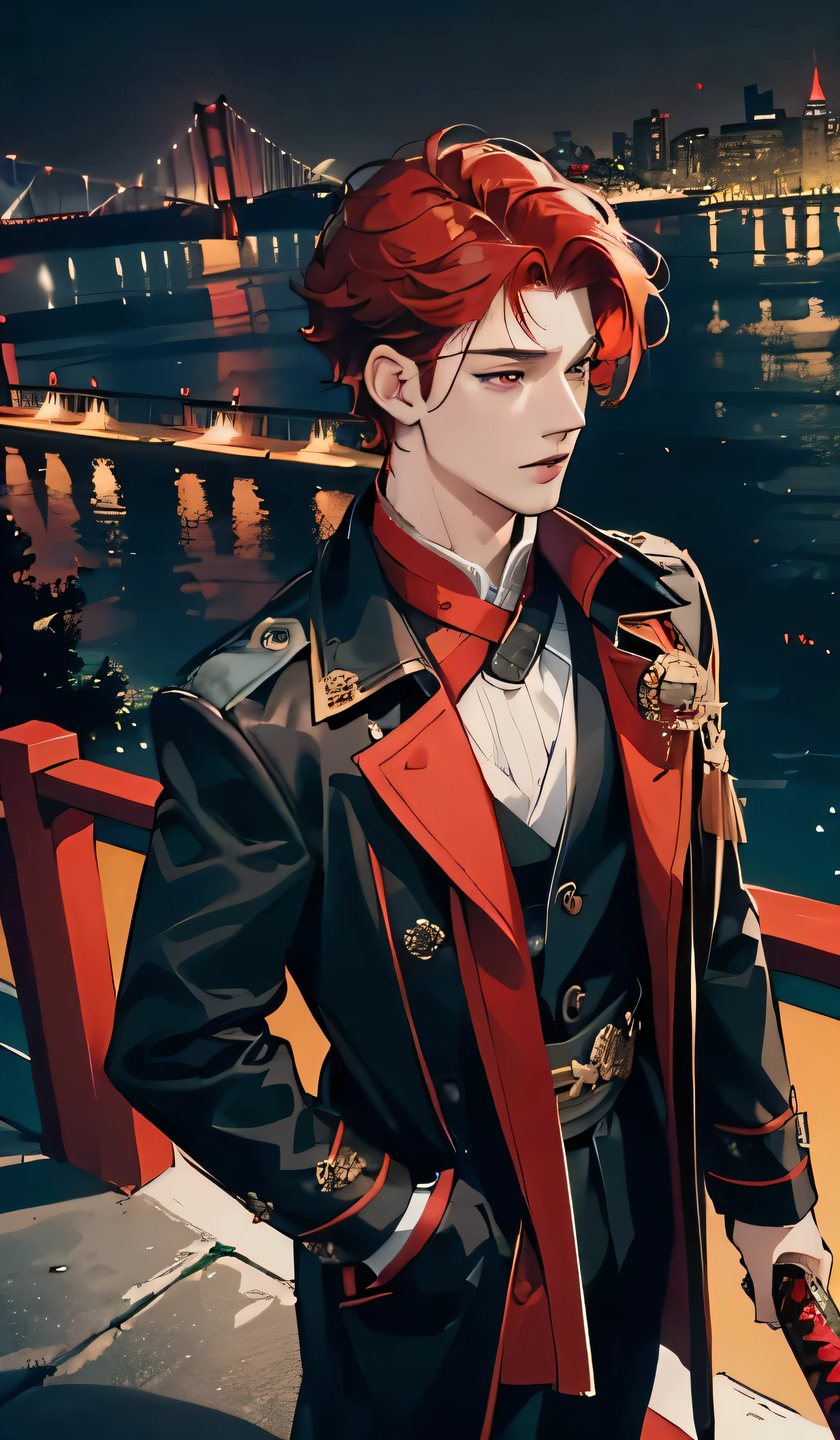 (Absurd, High, extremely detailed),((Masterpiece)), ((Best quality:1.1)), A high resolution, 8K,1 boy, (Red hair, Slightly curly hair, hair super short, layeRed hair :1.1 ), shadowed face, (People'black coat with red fabric, black top, black men'sports trousers: 1.1), , (view from above: 1.1) , (Red eyes), (katana in hand), night city, standing still