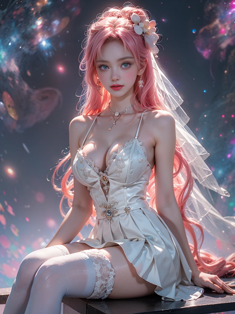 ruanyi0194-2,wedding dress,white thighhighs,hair ornament,white dress ((Large Breasts)),Visible cleavage, Short skirt, 4K Ultra HD, masterpiece, A girl, Exquisite makeup, shy, blush, Delicate eyes, Delicate lips, Flower fairy girl, Neon lights, (Galaxy Background:1.5), in heaven, Sitting, Lean back, Sexy long legs, Surrealism，8k，Super Detail，Ultra HD，Anatomically correct，best quality