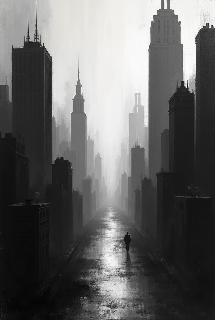 Create a painting of tall buildings in black and white depicting the darkness of the city, seen from a distance and slightly above, with the texture of the image like a canvas painting.