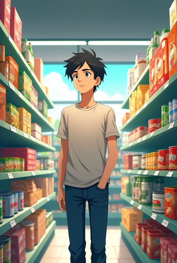 Make a man anime poster carefully choosing what to buy at store