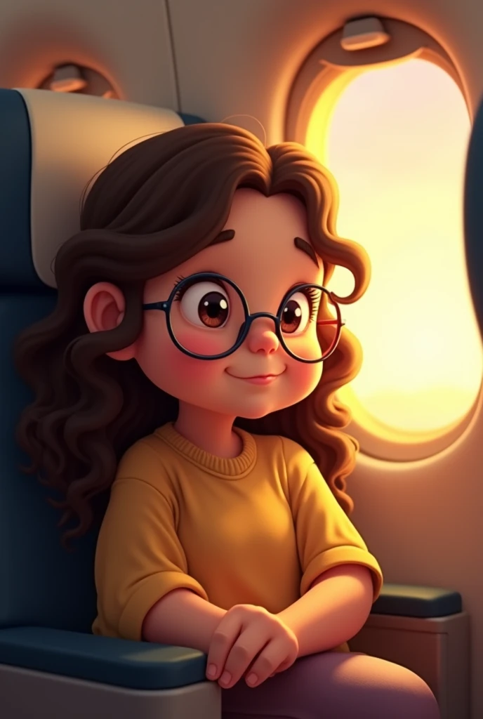 A curly long hair, brown skin and  chubby girl with glasses sitting in the first row of flight and the window open where golden light was shining on her face