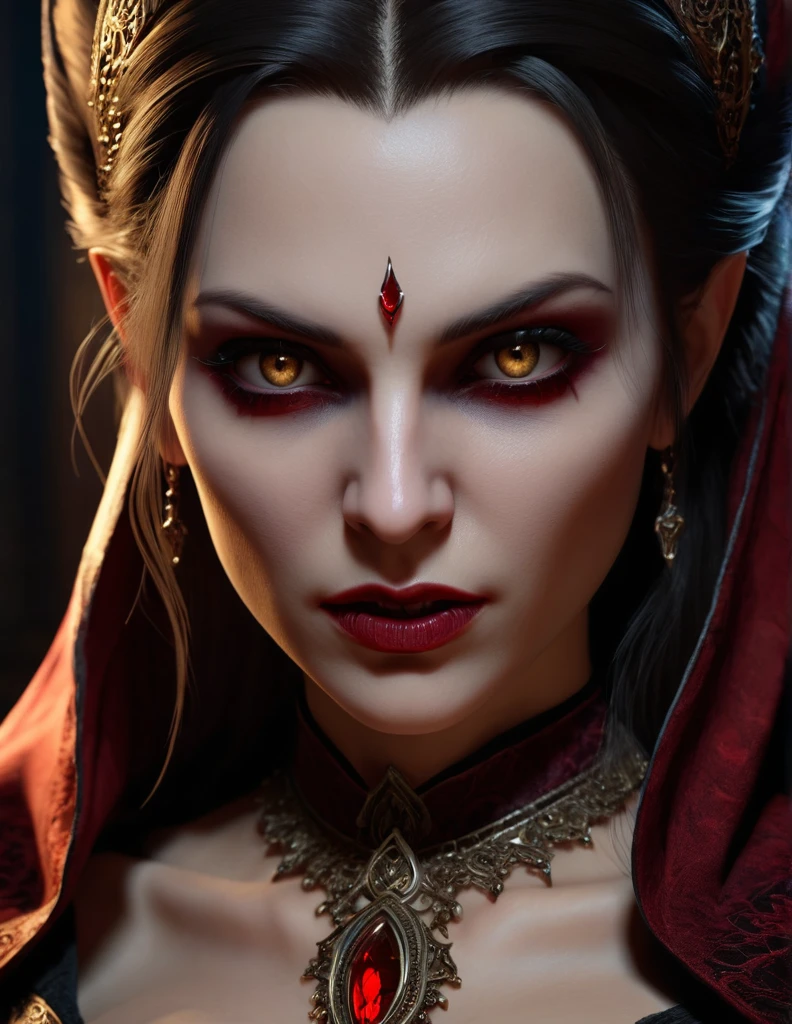 Female superior ancient Strigoi vampire, horror, (Artstation:1.1), (intricate:1.1), (great eye detail:0.7), solo, female, looking at viewer, photorealistic, 8k, unreal engine, inspired by Bram Stoker, half body portrait, highly detailed,