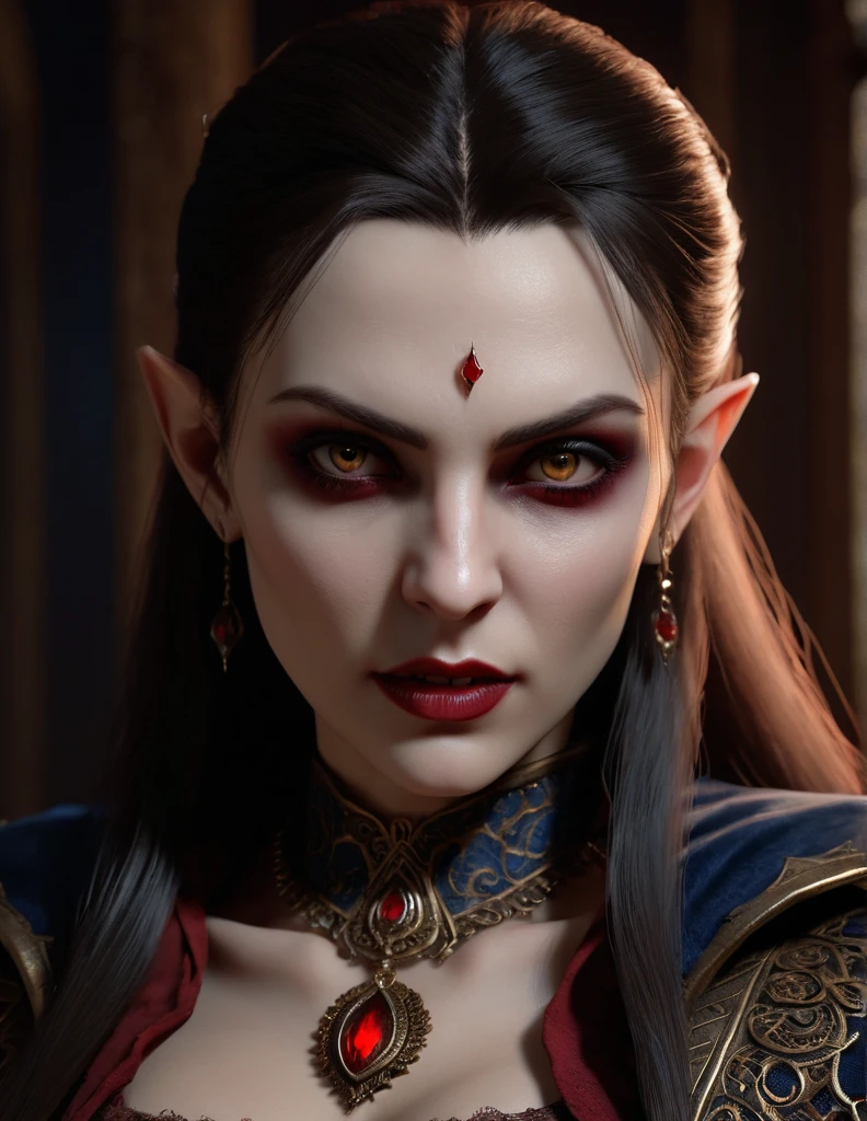 Female superior ancient Strigoi vampire, horror, (Artstation:1.1), (intricate:1.1), (great eye detail:0.7), solo, female, looking at viewer, photorealistic, 8k, unreal engine, inspired by Bram Stoker, half body portrait, highly detailed,