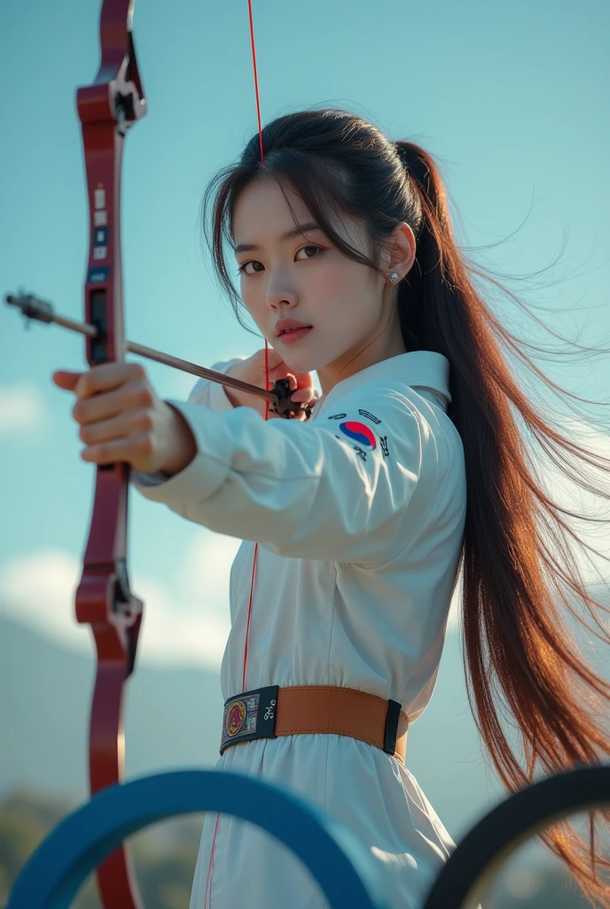 Women&#39;s archery at the Olympics，Korean team，1 beauty，Delicate facial features，cute，White skin，Long hair，full-body shot，Panoramic vistas，Wide-angle lens，Olympic Games venue，Professional equipment，Focus，Ten rings，Olympic competition background