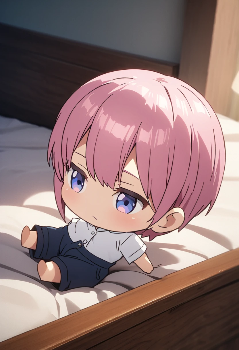 (Highest quality, 4K, 8k, High resolution, masterpiece:1.2), Very detailed, Picturesque, Animated Photography, Photo Animation:1.37)、Japanese girl、(Pink Hair)、(Pixie Cut)、(chibi:1.4),white shirt、short pants、black cheokr、 on bed、lying on back、Full body photography、Nakano ichika
