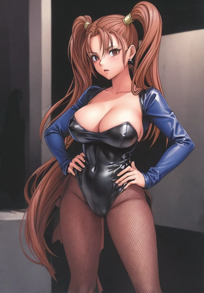 Jessica, with her large breasts, beautiful legs, and twintails, is standing with her hands on her hips, wearing a black high-cut bunny suit and fishnet tights.。