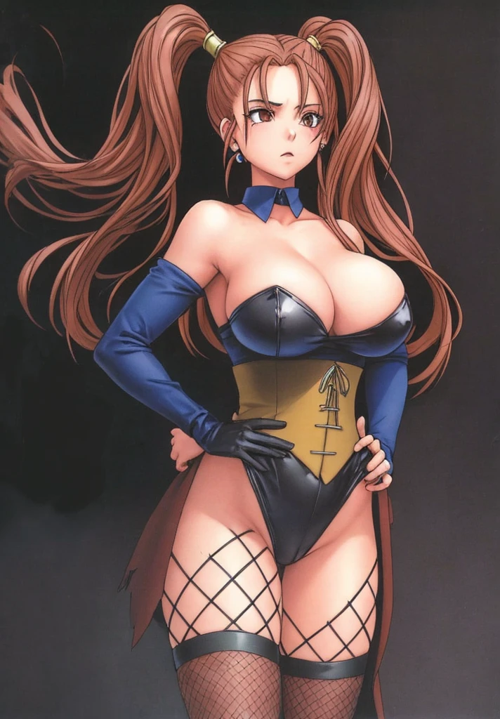 Jessica, with her large breasts, beautiful legs, and twintails, is standing with her hands on her hips, wearing a black high-cut bunny suit and fishnet tights.。