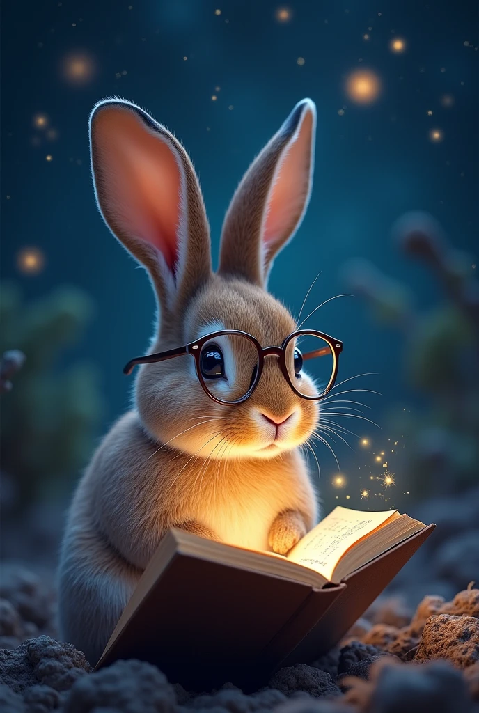 A droopy-eared rabbit is reading a book seriously,Wear glasses,宝箱にはHealingの公式が現れる,background,Night Sky、star々,backgroundに宝箱があります,((Astronomical formulas emerge from the book:2))、Healing、healing