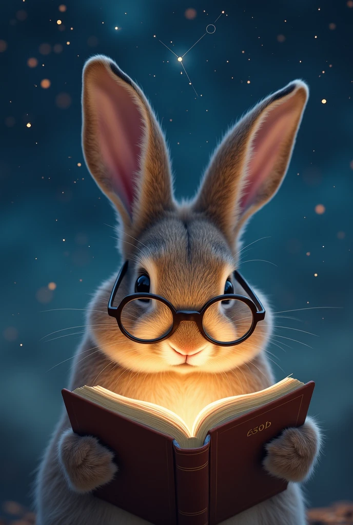 A droopy-eared rabbit is reading a book seriously,Wear glasses,宝箱にはHealingの公式が現れる,background,Night Sky、star々,backgroundに宝箱があります,((Astronomical formulas emerge from the book:2))、Healing、healing