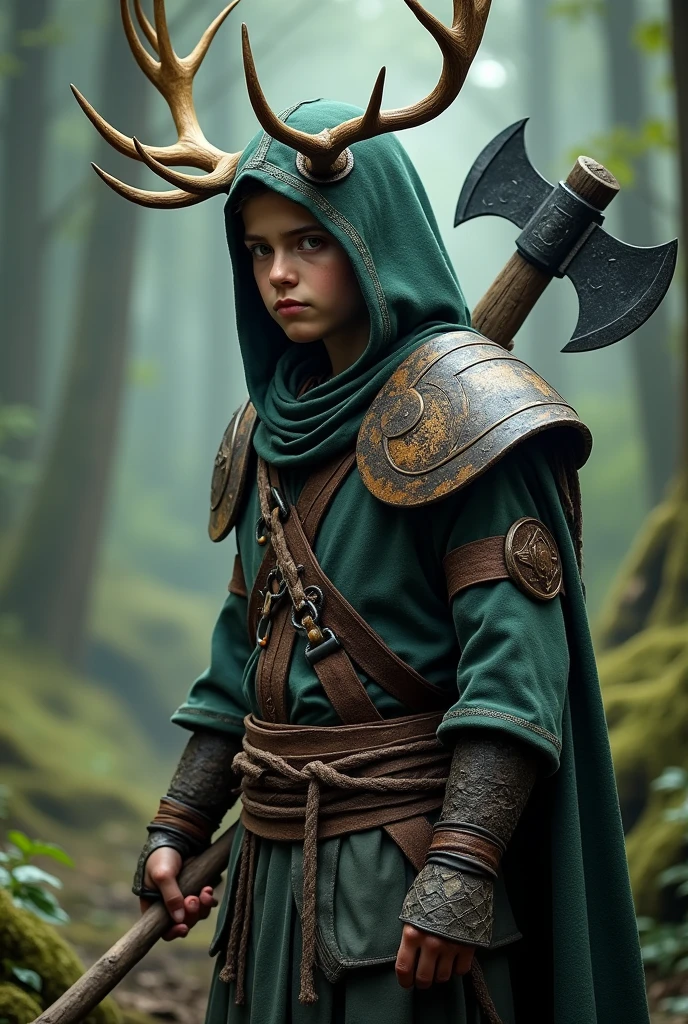 Create me a character for Dungeons and Dragons, a person in the role of a shaman. The character is 2, tall, with a coat and a hood with deer antlers. No beard and a young face. In his hand a double-edged axe. As armor he wears large shoulder plates made of black wood. Plus a sign on the back. With a dark green leather armor