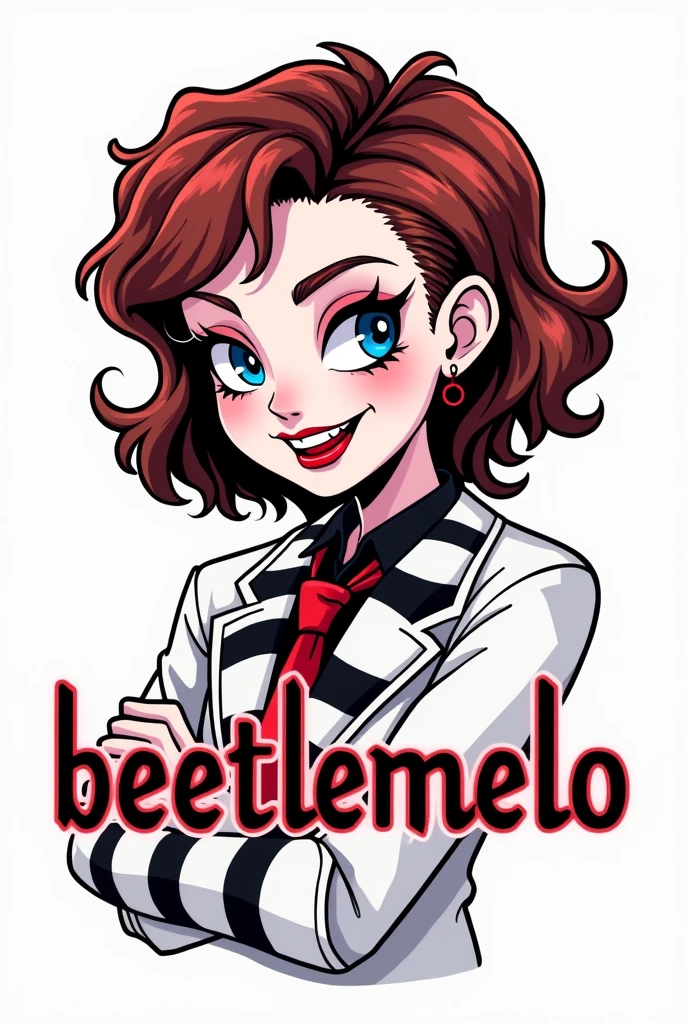 Make a logo on a white background which is in the style of the TIM BURTON movie BEETLEJUICE, THE TEXT OF THE LOGO IS: BEETLEMELO
give the text a neon red, and black color scheme 
Also put in a freaky cool goth girl with short red and brown wavy mullet with short sidecut, glasses an a big grin and blue eyes, and a white suit withand black stripes like beetlejuice . Make the hair look like Janine melnitz form the Ghostbusters cartoon 