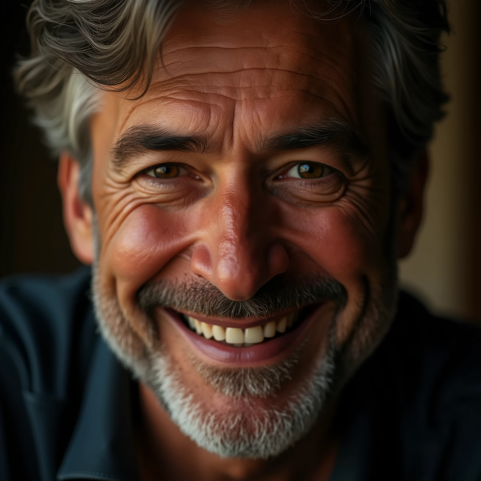 A smiling man, Tratti del viso dettagliati, Occhi bellissimi, Perfect skin, Depth of field, Retroilluminazione drammatica, cinematic lighting, highly detailed, 16K resolution, 16K, Better quality, Accurato, Ultra High Definition