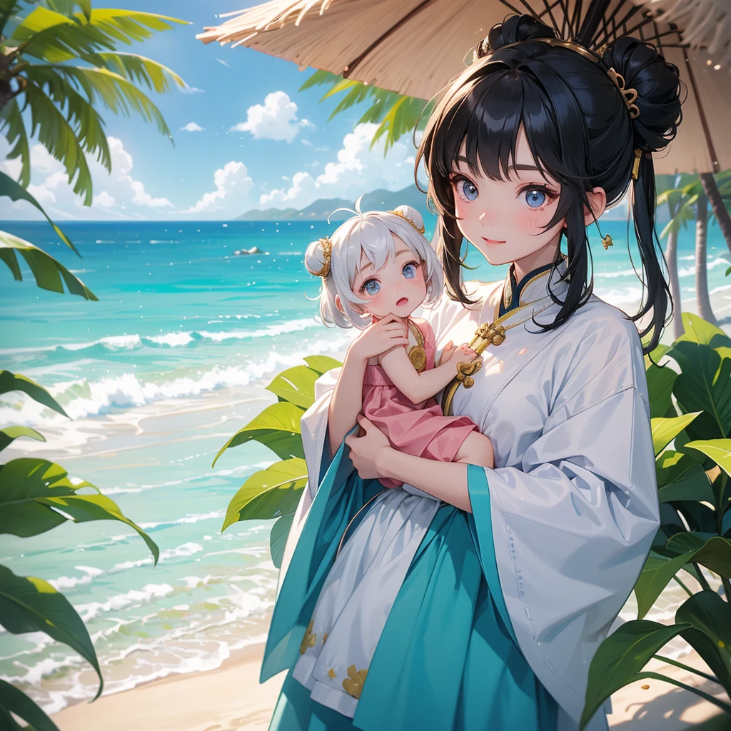 A chibi child girl had a small face and Wearing a white little Taoist priest's outfit. A pair of big round eyes shone with curiosity about him. This child was so cute!, Burning joss paper and gold paper for the departed spirits, her hair is black with two buns on her hair.smiling.The little chibi baby looked up with his chest raised, and his face was old and proud.
Standing drinking coconut water, under a coconut tree, on the beach, blue sea, seeing the sea and green mountains, low clouds