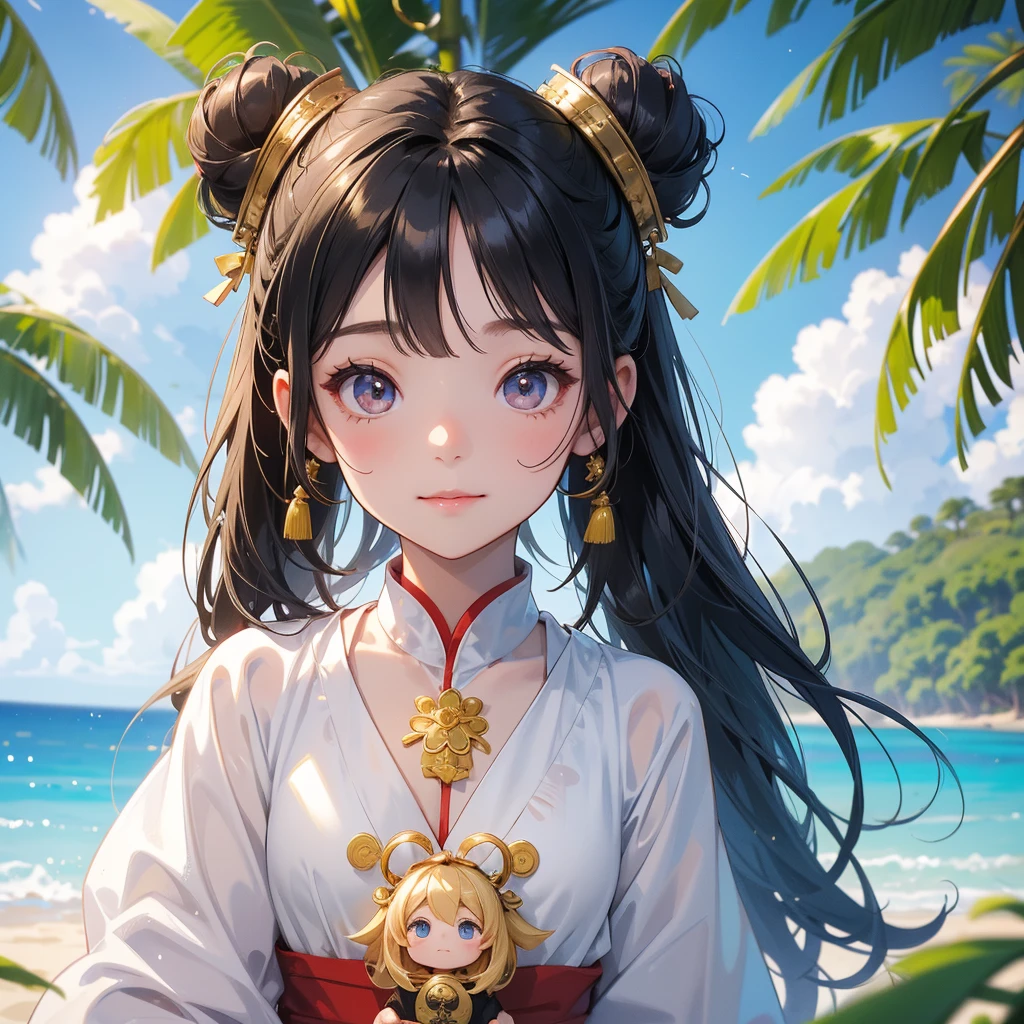 A chibi child girl had a small face and Wearing a white little Taoist priest's outfit. A pair of big round eyes shone with curiosity about him. This child was so cute!, Burning joss paper and gold paper for the departed spirits, her hair is black with two buns on her hair.smiling.The little chibi baby looked up with his chest raised, and his face was old and proud.

Standing drinking coconut water, under a coconut tree, on the beach, blue sea, seeing the sea and green mountains, low clouds