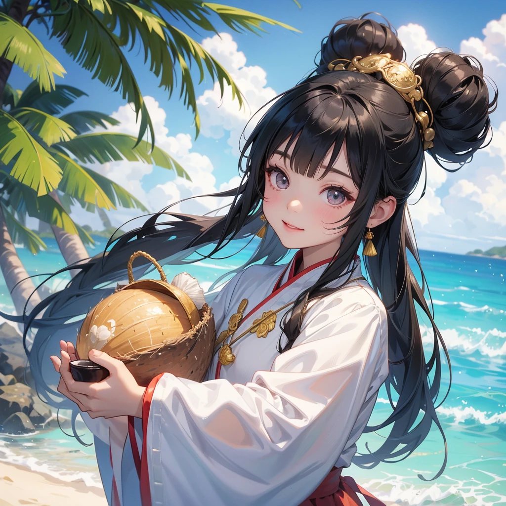 A chibi child girl had a small face and Wearing a white little Taoist priest's outfit. A pair of big round eyes shone with curiosity about him. This child was so cute!, Burning joss paper and gold paper for the departed spirits, her hair is black with two buns on her hair.smiling.The little chibi baby looked up with his chest raised, and his face was old and proud.
Standing drinking coconut water, under a coconut tree, on the beach, blue sea, seeing the sea and green mountains, low clouds