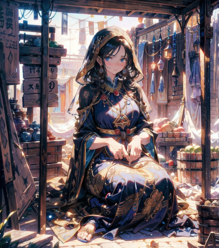absurdres, RAW photo, extremely delicate and beautiful, masterpiece, Highest Quality, ultra high resolution, 32k, hyperrealistic, realistic, photorealistic, photo-realistic, Real, ultra-detailed, Very detailed CG 8k wallpaper, detailed background, landscape, Beautiful Lighting, Perfect Lightning, Realistic Shadows, perfect anatomy, anatomically correct, ideal ratio body proportions, perfect figure, Perfect Style, Perfect balance, super Detailed skin, in her 30s, very Slim body, narrow waist, very small head, very small face, delicate facial features, handsome detailed woman, very detailed eyes and face, realistic face proportions, Realistic beautiful face, Realistic beautiful eyes, tearful mole, earring, full body shot, very huge round tits, medium hair, asymmetrical hair, wavy hair, A suspiciously beautiful woman, her face hidden by a veil, sits on the ground in an alleyway in a desert town, selling her wares in a stall on a carpet. She wears intricate and delicate ornaments. The carpet at her feet is lined with accessories and goods decorated with gold and jewels, traditional dress in the desert, shaman costume,