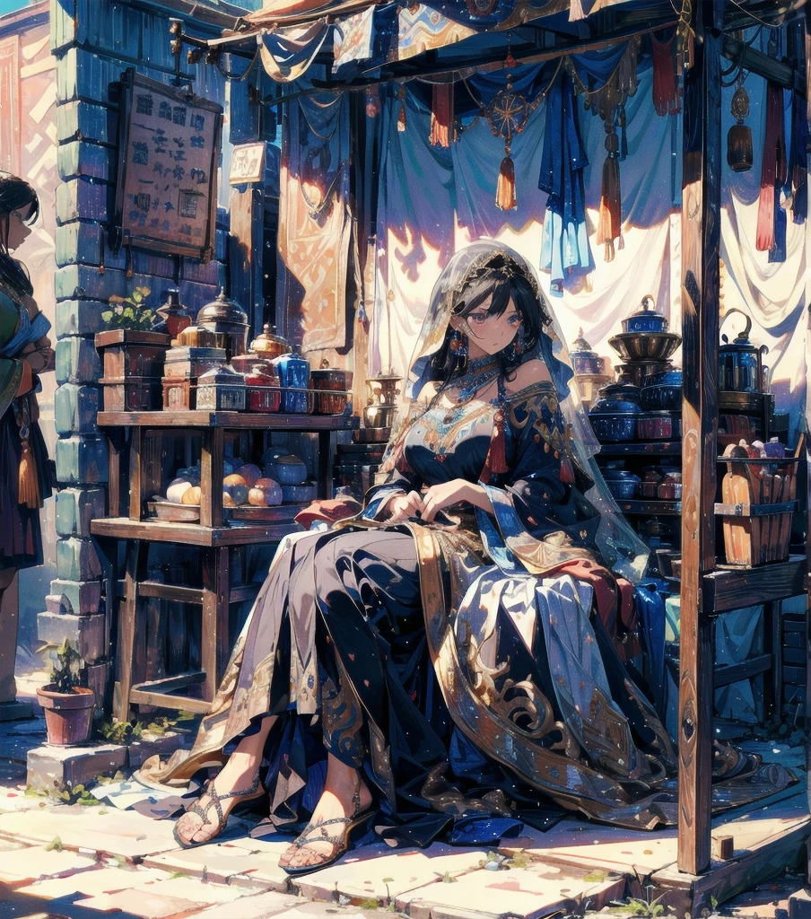 absurdres, RAW photo, extremely delicate and beautiful, masterpiece, Highest Quality, ultra high resolution, 32k, hyperrealistic, realistic, photorealistic, photo-realistic, Real, ultra-detailed, Very detailed CG 8k wallpaper, detailed background, landscape, Beautiful Lighting, Perfect Lightning, Realistic Shadows, perfect anatomy, anatomically correct, ideal ratio body proportions, perfect figure, Perfect Style, Perfect balance, super Detailed skin, in her 30s, very Slim body, narrow waist, very small head, very small face, delicate facial features, handsome detailed woman, very detailed eyes and face, realistic face proportions, Realistic beautiful face, Realistic beautiful eyes, tearful mole, earring, full body shot, very huge round tits, medium hair, asymmetrical hair, wavy hair, A suspiciously beautiful woman, her face hidden by a veil, sits on the ground in an alleyway in a desert town, selling her wares in a stall on a carpet. She wears intricate and delicate ornaments. The carpet at her feet is lined with accessories and goods decorated with gold and jewels.