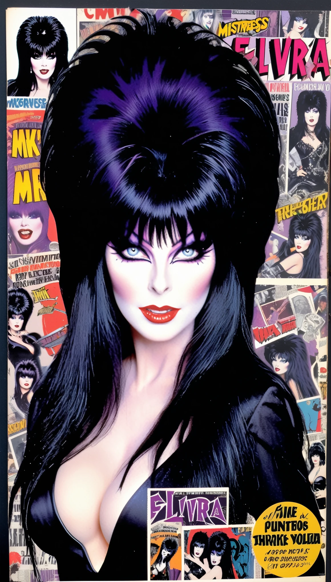 Elvira Mistress of the Dark Punk Collage 1980's rockstar comic book collage on a journal page black purple silver colors scrap book