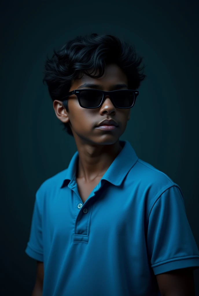 A dark boy with black wavy hair wearing sunglasses and sky blue polo t shirt with black background and dim light