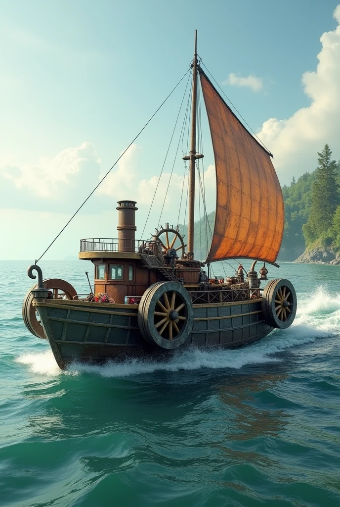 Steamboat with 2 wheels on the sides and sails, and bedrooms for 5 people