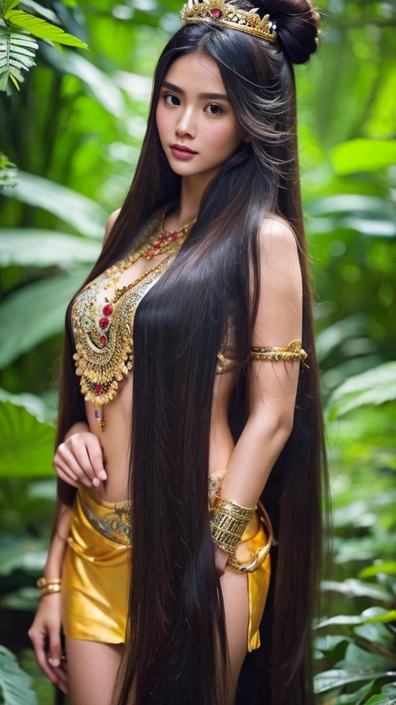 create a hyper realistic photo,  8k,highest quality, masterpiece, Ultra-high resolution,(masterpiece:1.6, highest quality), Intricate details,    a beautiful indonesian woman as a hero in dynasty kingdom of majapahit, wearing small gold neklace like a queen, wearing red kemben ,long black hair with bun, very longhair girl, length knee hair front body covered by longhair, floor length hair,eyes to camera, rainforest background