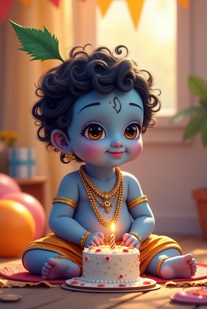 Very cute baby littile krishna of blue body colour cutting a cake on his birthday party