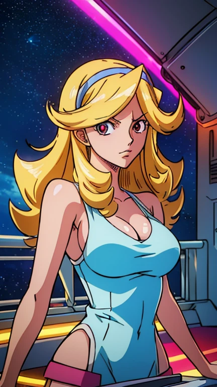 (1girl, SpaceDandyHoney), (extremely detailed CG unit 8k wallpaper),(master part), (best quality), (ultra detail), (best illustration),(melhor ombre), cowboy shot, (Sharp eyeliner, ombre, detailed eyes:1), Spaceship bridge, break , (one piece style), upper body, 