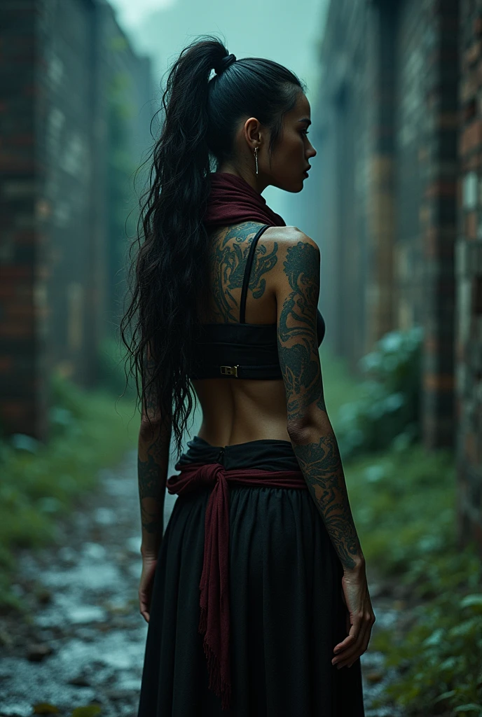 night, very dimly lit, highly detailed, intricate, masterwork, random view angle, skinny female warrior, extensively tattooed tribal inspired, confidence, asserted, lost in thoughts, exhausted, disappointed, fantasy futuristic mixed setting, extremely long voluminous hair, long voluminous ponytail, long scarf, crop tank, low-rise maxi skirts, (very strong directional wind :1.3), old abandoned overgrown ruins