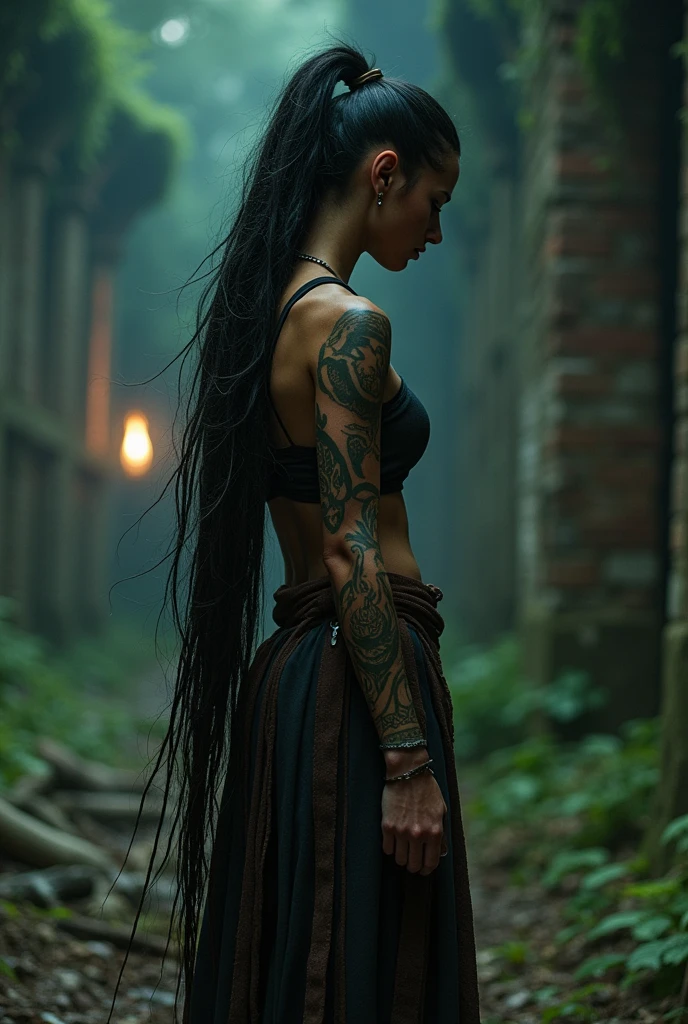 night, very dimly lit, highly detailed, intricate, masterwork, random view angle, skinny female warrior, extensively tattooed tribal inspired, confidence, asserted, lost in thoughts, exhausted, disappointed, fantasy futuristic mixed setting, extremely long voluminous hair, long voluminous ponytail, long scarf, crop tank, low-rise maxi skirts, (very strong directional wind :1.3), old abandoned overgrown ruins