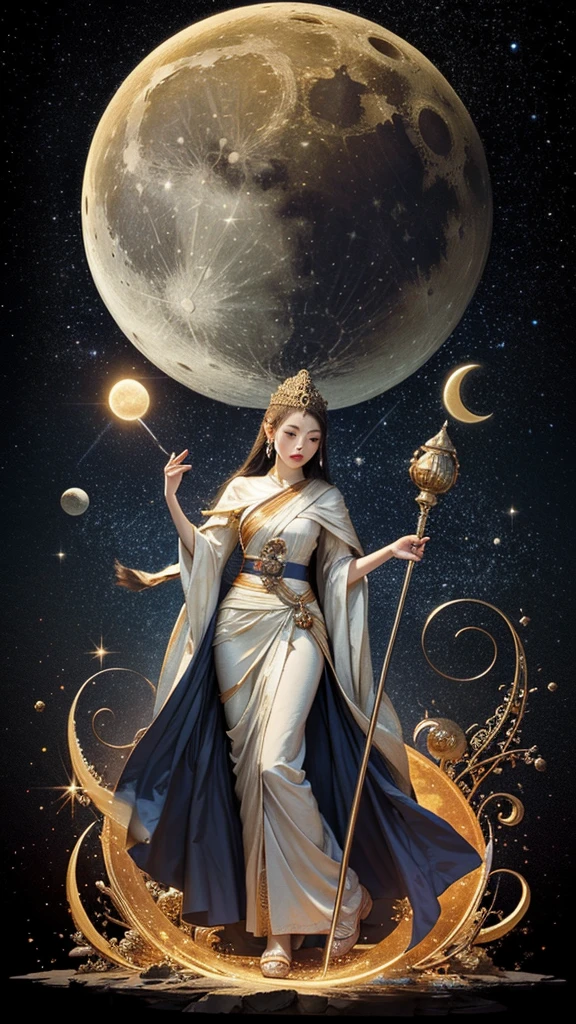 gold framed，Tarot Cards, Border, tachi-e,  （Best image quality），（Very detailed explanation），One girl，Dressed in the costume of an ancient queen，（Full Body Lesbian），A shining scepter in your hand，Crown on head，（Very perfect body），（Extremely detailed and flawless facial depiction），（Extremely detailed facial features），青いstar空，（Very large moon close up），The moonlight shines through the clouds，star（Sparkling），clothing（Glittering），(The image is surrounded on all four sides by a tarot-like frame.)，（masterpiece），（8k wallpaper），myth，Fantasy Theme，Surreal Realism，Realistically、Facing forward