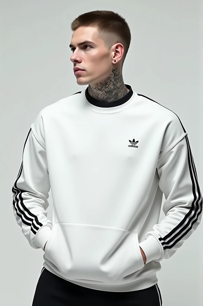 He was wearing crisp white jumper - black Adidas track marks up the arms - and a pair of dark basketball shorts.The man had a tattoo across the front of his neck, the grey ink stark against his white skin in symmetrical repeating shapes that looked a little like scales. A flock of birds einerged from the pattern, flying up the side of his face and into his brown close-shaved hair.