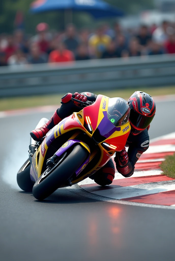 high resolution、high quality、Real、Realistic、Realな質感、Realistic、motorcycle、Red, yellow, purple and black motorcycle、drift、Bend the handle、Going around a curve、During the race、、Super detailed、High resolution、