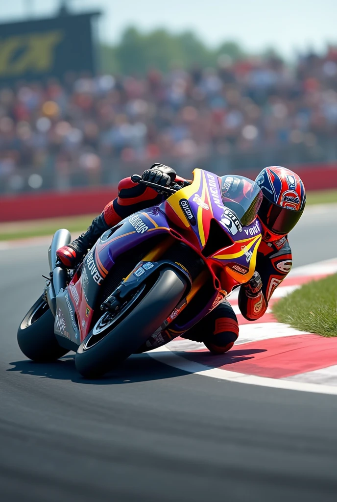 high resolution、high quality、Real、Realistic、Realな質感、Realistic、motorcycle、Red, yellow, purple and black motorcycle、drift、Bend the handle、Going around a curve、During the race、、Super detailed、High resolution、