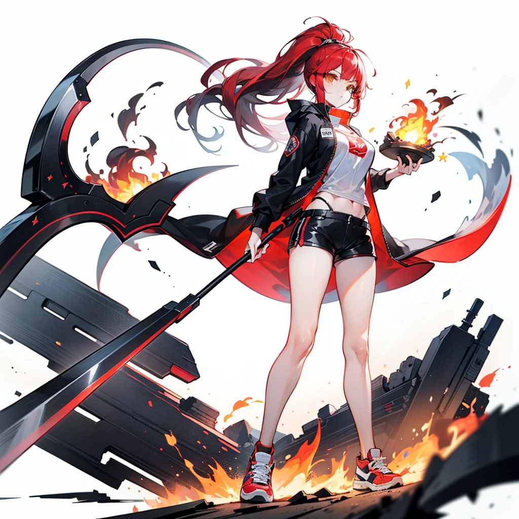 1girll,solo,((solo person)),(Red high ponytail),(very long flowing red hair),(Messy hair),(long whitr hair),full bodyesbian,black black jacket,Short hot pants,standing on your feet,{White background 1::5},A large number of flame particles,Golden pupils,Athletic Sneakers,(Heads-up),(long slim figure),Holy,rebellious,Holding a huge scythe in his hand,Flame flow,Flames splattered