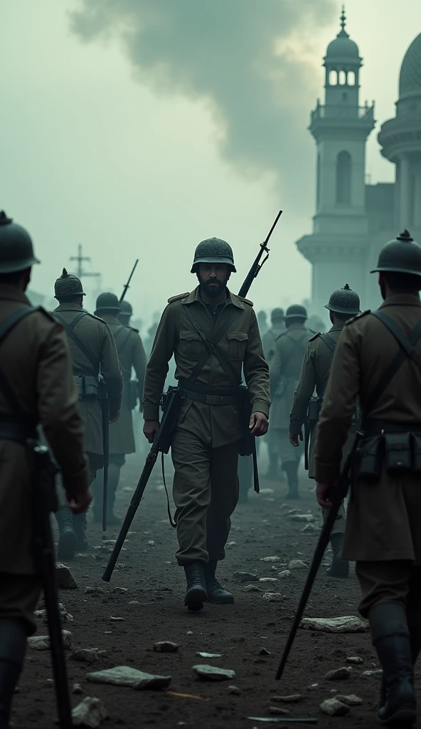 It seems that war scene of muslim and Hindu and British army an it seem that British won the war and they are now leader of both religions and also won the land of bharat old scene 1900s dark mode and must be the ratio of image will be 16:9